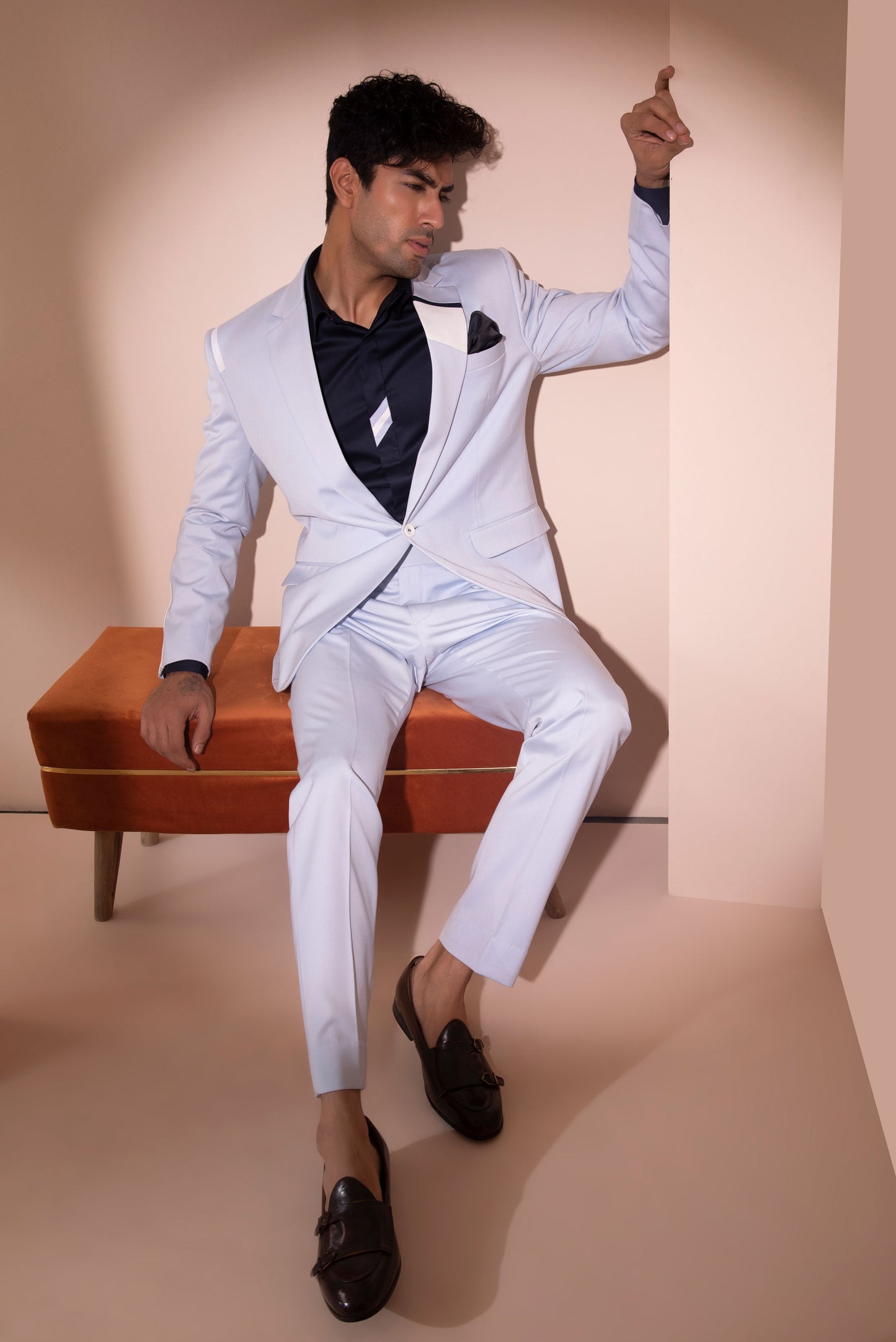 Sky Blue Tuxedo with Panelling on the Shirt Menswear